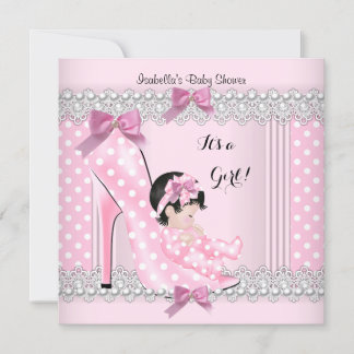 Cute Baby Shower Girl Pink Polka Dots High Heel 2 Invitation