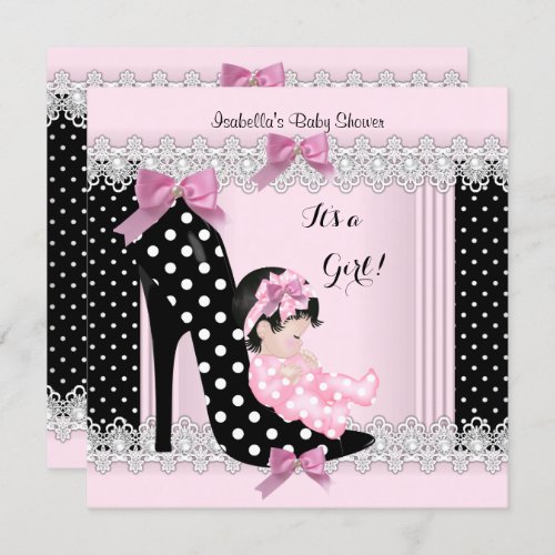 Cute Baby Shower Girl Pink Polka Dots High Heel 6a Invitation