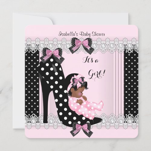 Cute Baby Shower Girl Pink Polka Dots High Heel 7 Invitation