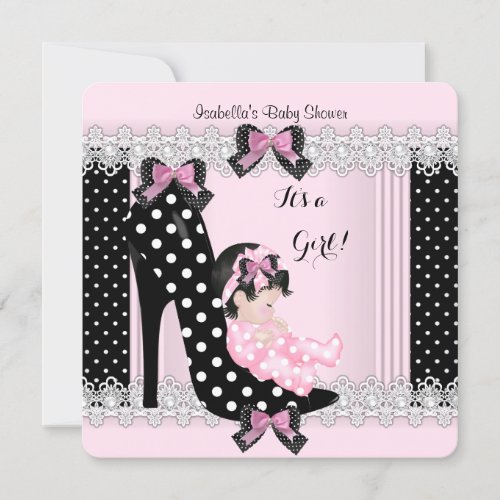 Cute Baby Shower Girl Pink Polka Dots High Heel 7a Invitation