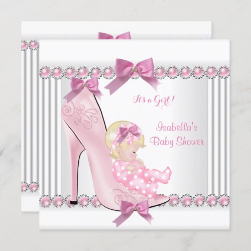 Cute Baby Shower Girl Pink Polka Dots High Heel C3 Invitation