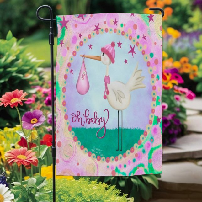 Cute Baby Shower Girl Pink Stork Inspirivity  Garden Flag (Creator Uploaded)