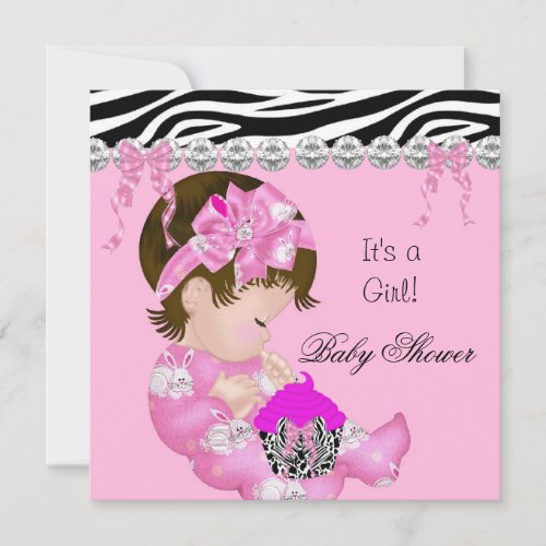 Cute Baby Shower Girl Pink Zebra cupcake 3 Invitation