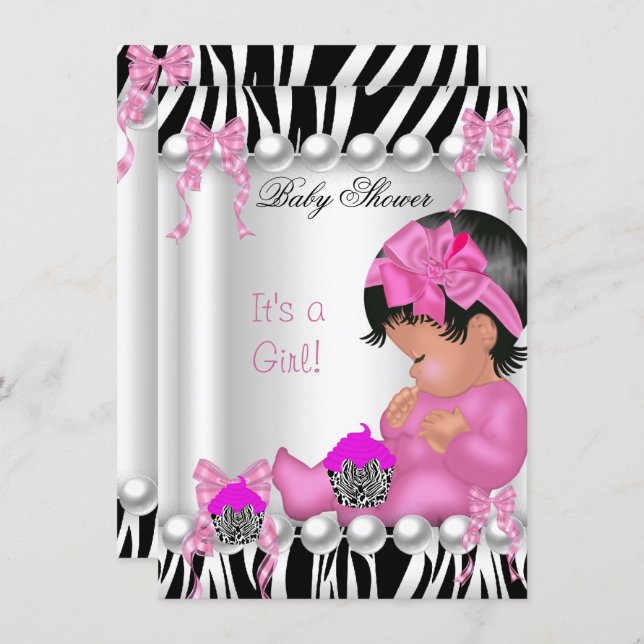 Cute Baby Shower Girl Pink Zebra cupcake Invitation (Front/Back)