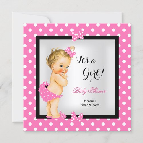Cute Baby Shower Girl Pretty Pink Black Blonde Invitation
