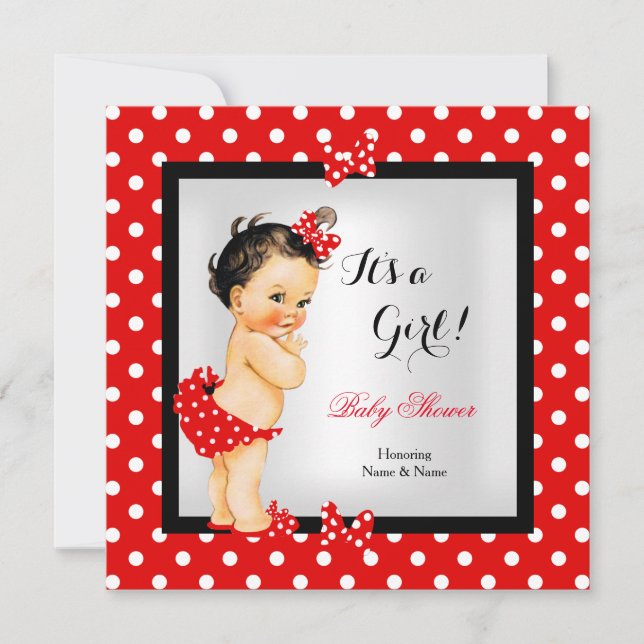 Cute Baby Shower Girl Red Black Brunette Invitation (Front)
