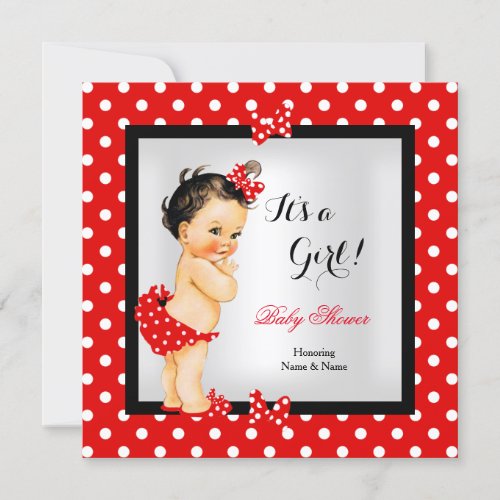 Cute Baby Shower Girl Red Black Brunette Invitation