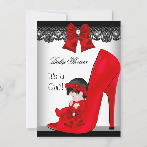 Cute Baby Shower Girl Red Shoe Black Lace Invitation