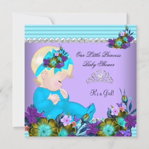 Cute Baby Shower Girl Teal Blue Purple Blonde Invitation