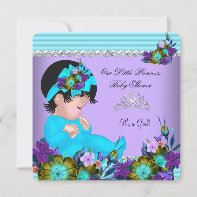 Cute Baby Shower Girl Teal Blue Purple Invitation (Front)