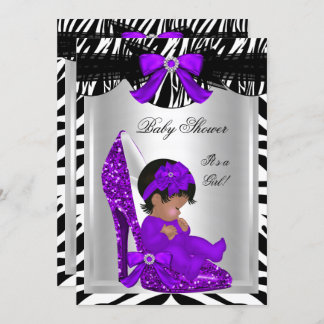 Cute Baby Shower Girl Zebra Purple Baby Shoe 2 Invitation