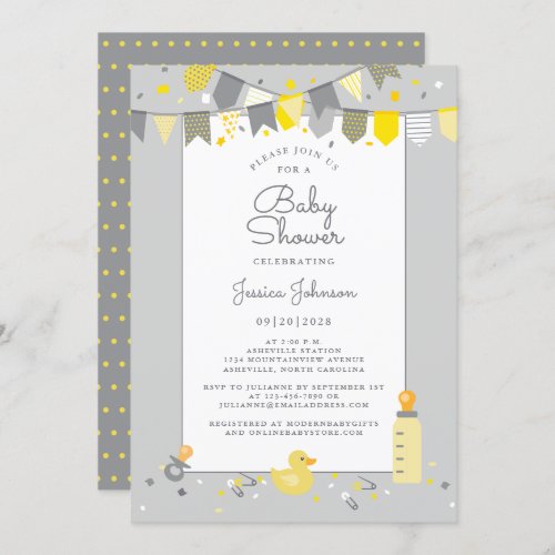 Cute Baby Shower Gray Yellow Modern Banner Flags Invitation