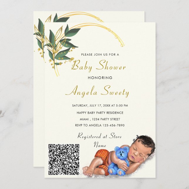 Cute Baby Shower Invitation Template with QR Code (Front/Back)