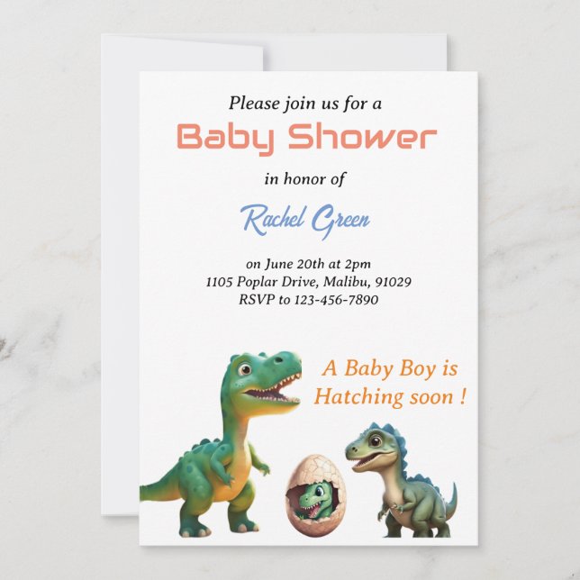 Cute Baby Shower Invitation with Dinosaur hatching (Front)