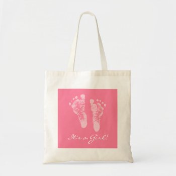 Cute Baby Shower Its A Girl Pink Baby Footprints Tote Bag by PhotographyTKDesigns at Zazzle