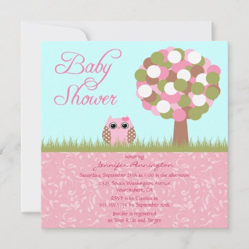 Cute baby shower pink owl tree party invitation