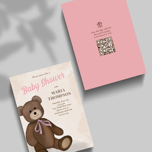 Cute Baby Shower Pink Teddy Bear Custom Invitation