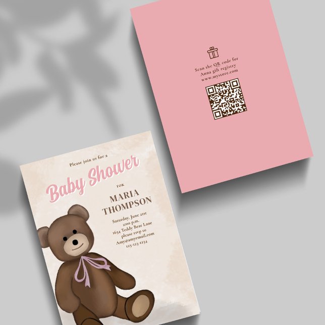 Cute Baby Shower Pink Teddy Bear Custom Invitation (Pink teddy bear baby shower invitation.)
