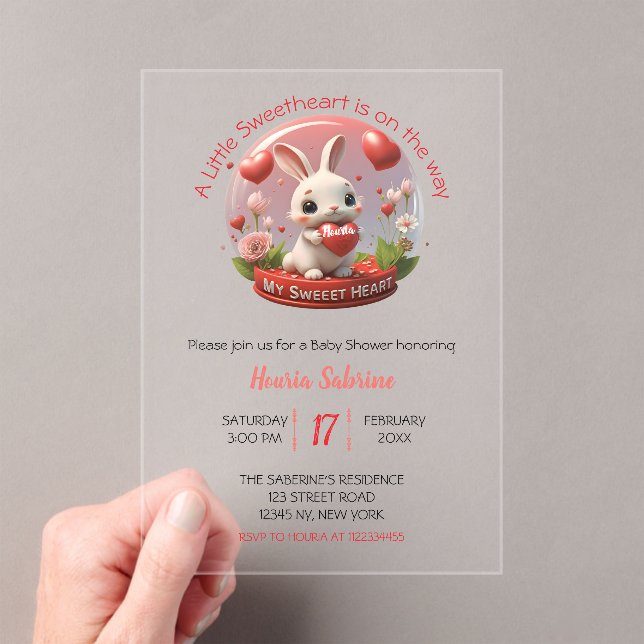 Cute Baby Shower Rabbit Sweetheart Valentine Acrylic Invitations (Insitu (Handheld))