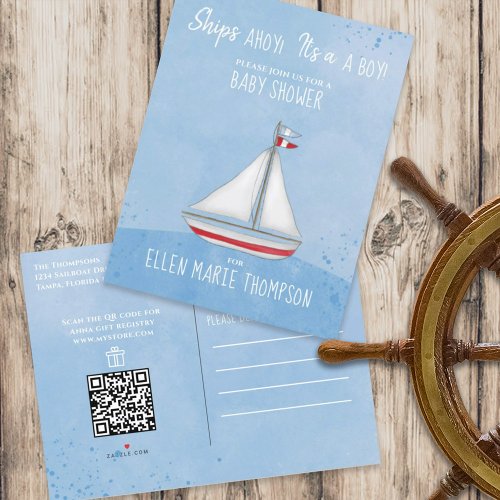 Cute Baby Shower Ship Ahoy QR Code Gift Registry Invitation Postcard