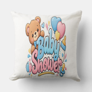 Cute Baby Shower Sticker Design with Teddy Bear Throw Pillow