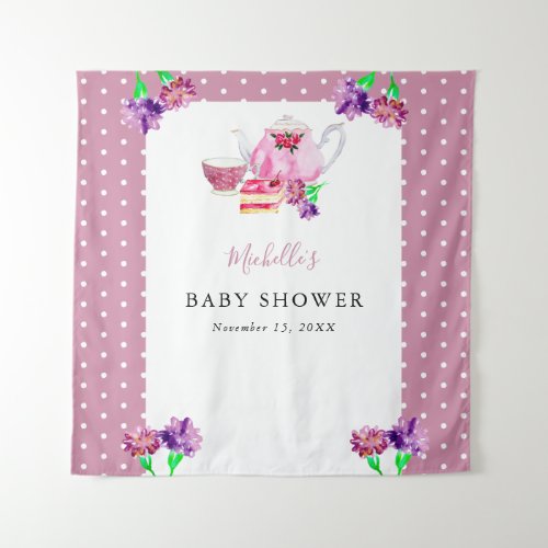 Cute Baby Shower Tea Party Pink Background Tapestry