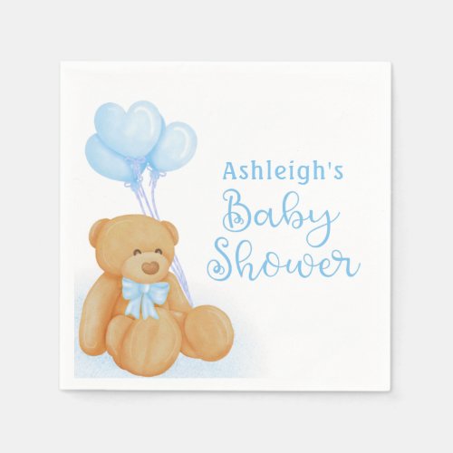 Cute Baby Shower Teddy Bear Blue Heart Balloons Napkins