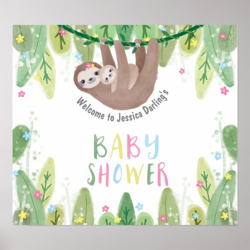Cute baby shower welcome sloth with mom and baby poster