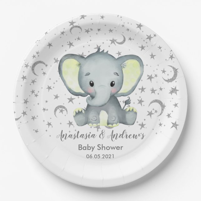 Cute Baby Shower Yellow Elephant Paper Plates (Front)