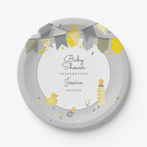 Cute Baby Shower Yellow Gray Gender Neutral Modern Paper Plates