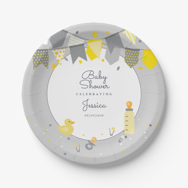 Cute Baby Shower Yellow Gray Gender Neutral Modern Paper Plates (Front)