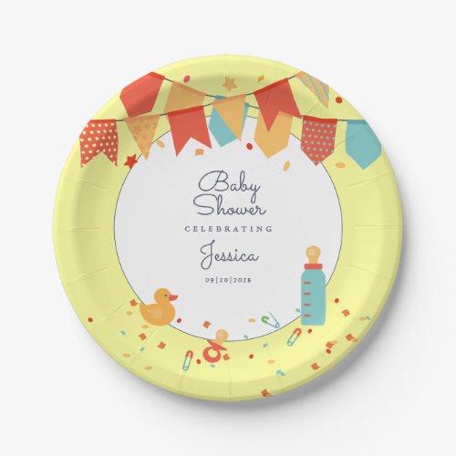 Cute Baby Shower Yellow Red Banner Flags Confetti Paper Plates