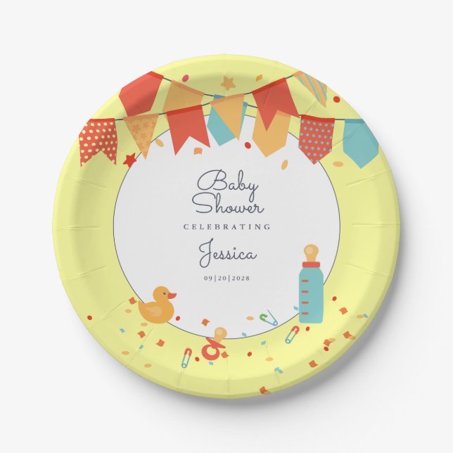 Cute Baby Shower Yellow Red Banner Flags Confetti Paper Plates (Front)