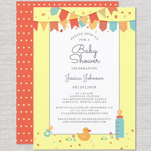 Cute Baby Shower Yellow Red Teal Banner Flags Invitation