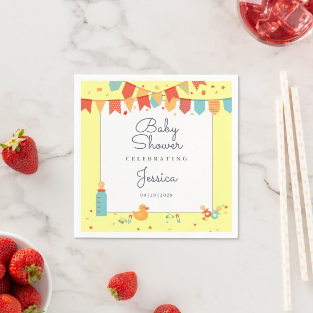 Cute Baby Shower Yellow Red Teal Flags Confetti Napkins (Insitu)