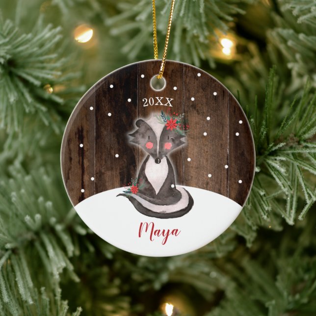 Cute Baby Skunk Personalized Newborn Girl First Ceramic Ornament (Tree)