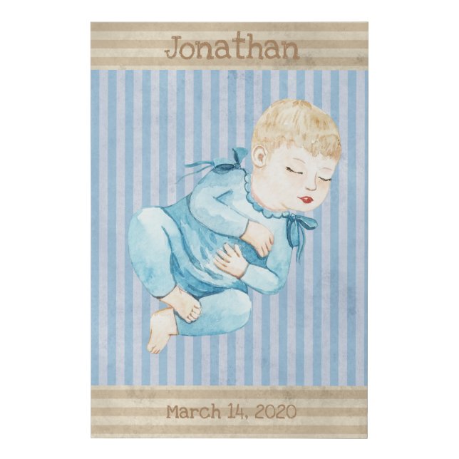 Cute Baby Sleeping, Blue Monogram Stripe, Boy Faux Canvas Print (Front)