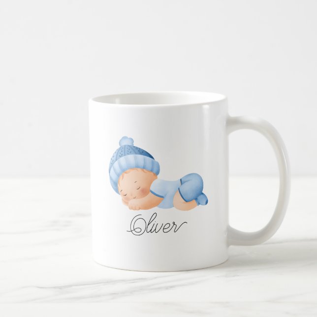 Cute Baby Sleeping Boy Blue Personalized Name Coffee Mug (Right)