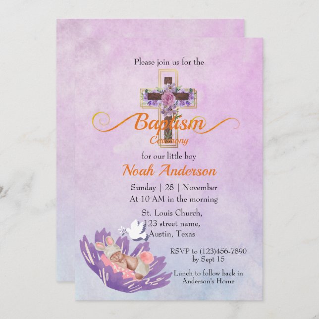 Cute Baby sleeping in a Flower Baptism Invitation (Front/Back)