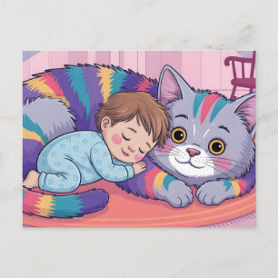 Cute Baby Sleeping on a Giant Rainbow Fluffy Cat Postcard