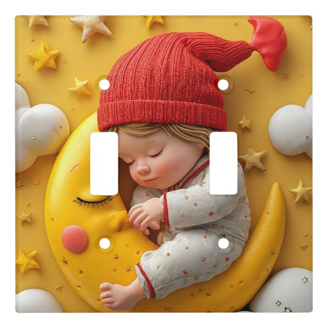Cute Baby Sleeping on Moon Nursery Light Switch Cover (Front)