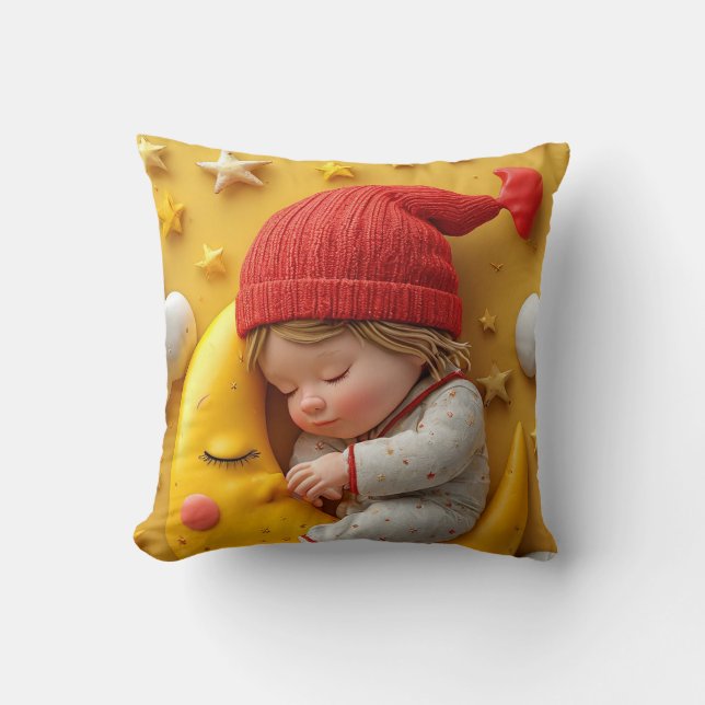 Cute Baby Sleeping on Moon Nursery Throw Pillow (Front)