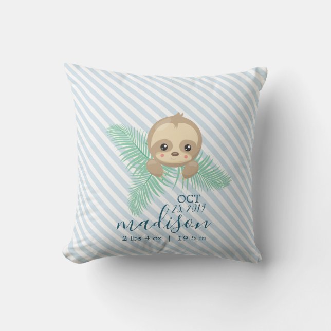 Cute Baby Sloth Baby Birth Stats Throw Pillow (Front)