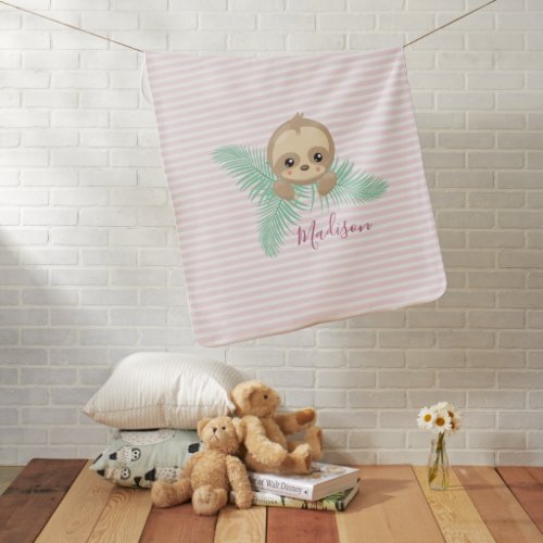 Cute Baby Sloth Baby Monogram Baby Blanket