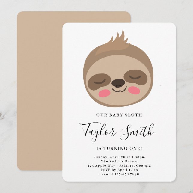 Cute Baby Sloth Birthday Party Invitation (Front/Back)