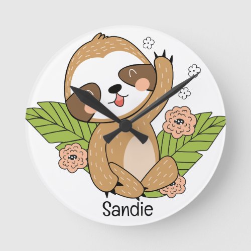 Cute Baby Sloth Custom Name   Round Clock