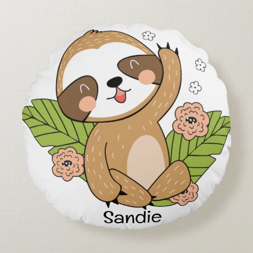 Cute Baby Sloth Custom Name  Round Pillow
