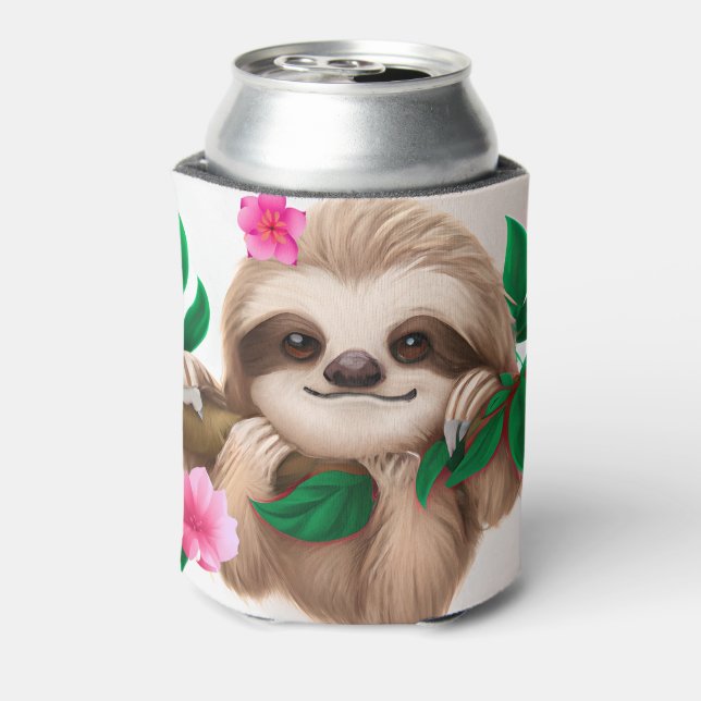Cute Baby Sloth Hanging in a Tree  Can Cooler (Can Back)