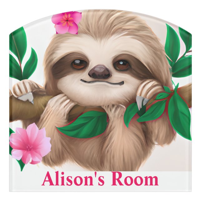 Cute Baby Sloth Hanging in a Tree Door Sign (Contour Front)