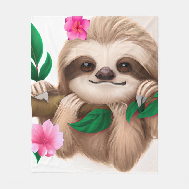 Cute Baby Sloth Hanging in a Tree  Fleece Blanket (Front)